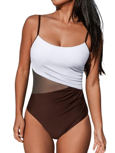 CUPSHE Damen Badeanzug U Ausschnitt Sheer Netzstoff Bauchweg Raffung Zierausschnitt Einteilige Bademode Swimsuit Dunkelbraun/Weiß XL von CUPSHE