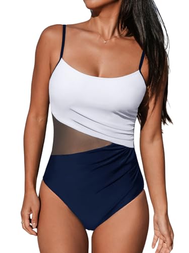 CUPSHE Damen Badeanzug U Ausschnitt Sheer Netzstoff Bauchweg Raffung Zierausschnitt Einteilige Bademode Swimsuit Marineblau/Weiß S von CUPSHE