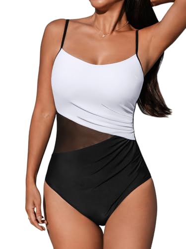 CUPSHE Damen Badeanzug U Ausschnitt Sheer Netzstoff Bauchweg Raffung Zierausschnitt Einteilige Bademode Swimsuit Schwarz/Weiß M CUPSHE Damen Badeanzug U Ausschnitt Sheer Netzstoff Bauchweg Raffung Zierausschnitt Einteilige Bademode Swimsuit Schwarz/Weiß M von CUPSHE