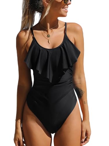 CUPSHE Damen Badeanzug U Ausschnitt Volant Bauchweg Verstellbare Riemen Einteilige Bademode Swimsuit Schwarz XS von CUPSHE