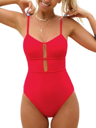 CUPSHE Damen Badeanzug U Ausschnitt Zierausschniten Riemchen Tiefer Rückenausschnitt Figurformend Einteilige Bademode Swimsuit Einfarbiges Rot S von CUPSHE