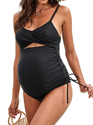 CUPSHE Damen Badeanzug Umstands-Tankini-Set 2-teiliger Badeanzug, ausgeschnittener V-Ausschnitt, Seitenbindung, Rückenkreuzung, M, Schwarz von CUPSHE