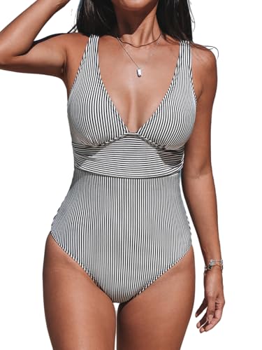 CUPSHE Damen Badeanzug V Auschnitt Raffung Gerippte Textur Twist hinten Figurformend Einteilige Bademode Swimsuit Salbeigrün XL von CUPSHE