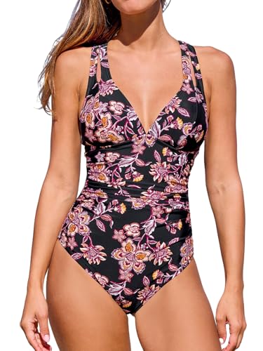 CUPSHE Damen Badeanzug V Ausschnitt Bauchweg Cutouts Doppelte Träger Überkreuzte Rückenbindung Einteilige Bademode Swimsuit Schwarz/Altrosa S von CUPSHE
