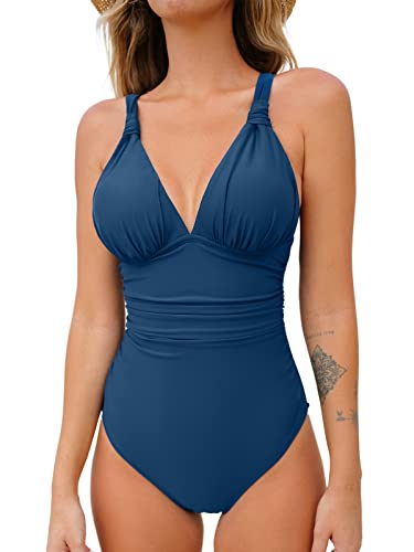 CUPSHE Damen Badeanzug V Ausschnitt Bauchweg Raffung Crossback Cut Out Einteilige Bademode Swimsuit XS von CUPSHE