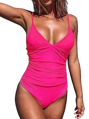 CUPSHE Damen Badeanzug V Ausschnitt Bauchweg Raffungen Triangel-BH Blumenmuster Einteilige Bademode Swimsuit Rosa/Deep Pink L von CUPSHE