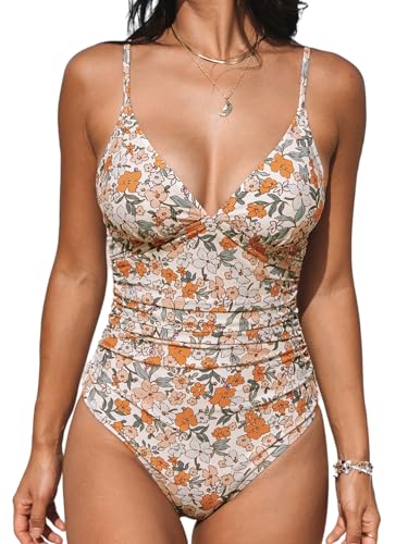 CUPSHE Damen Badeanzug V Ausschnitt Bauchweg Raffungen Triangelkörbchen Blumenmuster Einteilige Bademode Swimsuit Gelb mit Blumenmuster S von CUPSHE