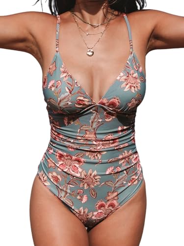 CUPSHE Damen Badeanzug V Ausschnitt Bauchweg Raffungen Triangelkörbchen Blumenmuster Einteilige Bademode Swimsuit Retro Blumenmuster M von CUPSHE