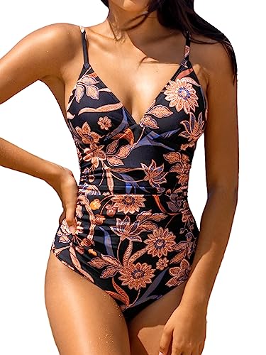 CUPSHE Damen Badeanzug V Ausschnitt Bauchweg Raffungen Triangelkörbchen Blumenmuster Einteilige Bademode Swimsuit Vintage Brown Floral L von CUPSHE