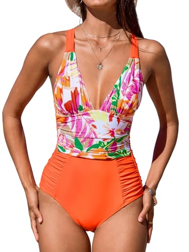 CUPSHE Damen Badeanzug V Ausschnitt Bauchweg Seitliche Raffung Schnürung hinten Einteilige Bademode Swimsuit Orange/Tropisch M von CUPSHE