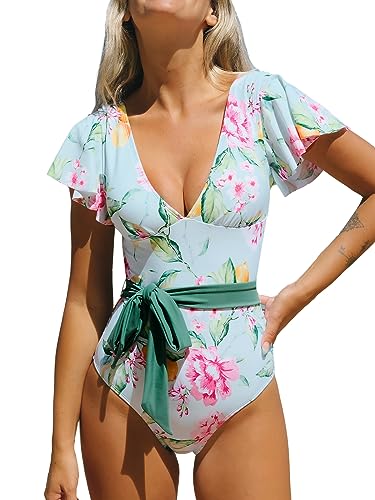 CUPSHE Damen Badeanzug V Ausschnitt Blumenmuster Taillenschnürung Rüschenärmel Einteilige Bademode Swimsuit Hellblau/Blumen M von CUPSHE