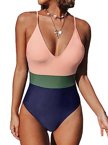 CUPSHE Damen Badeanzug V Ausschnitt Crossback Farbblock Figurformende Einteilige Bademode Swimsuit Rosa S von CUPSHE