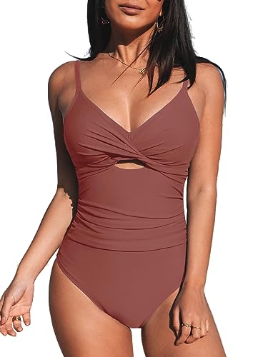 CUPSHE Damen Badeanzug V Ausschnitt Crossover Bauchweg Raffungen Zierausschnitten Einteilige Bademode Swimsuit Ziegelrot XS von CUPSHE