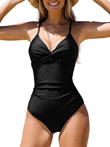 CUPSHE Damen Badeanzug V Ausschnitt Crossover Raffungen Bauchweg Tiefer Rückenausschnitt Einteilige Bademode Swimsuit Schwarz L von CUPSHE