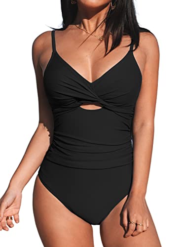 CUPSHE Damen Badeanzug V Ausschnitt Crossover Zierausschnitten Bauchweg Raffungen Einteilige Bademode Swimsuit Schwarz L von CUPSHE