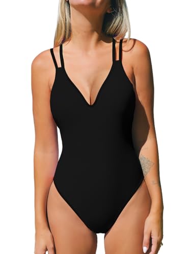 CUPSHE Damen Badeanzug V Ausschnitt Doppelt verstellbare Träger Tiefer rücken Lace Up Einteilige Bademode Swimsuit Schwarz XL von CUPSHE