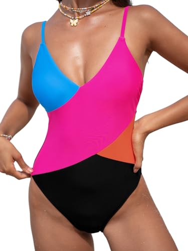 CUPSHE Damen Badeanzug V Ausschnitt Farbblock Bauchkontrolle Verstellbare Träger Einteilige Bademode Swimsuit Pink/Schwarz M von CUPSHE