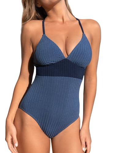 CUPSHE Damen Badeanzug V Ausschnitt Farbblock Triangel Tiefer Rückenausschnitt Lace Up Einteilige Bademode Swimsuit Cerulean/Navy S von CUPSHE