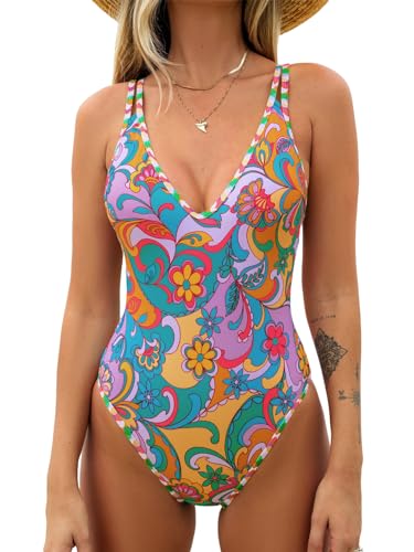 CUPSHE Damen Badeanzug V Ausschnitt Farbpaspel Crossback Tiefer Rückenausschnitt Boho Blumenmuster Einteilige Bademode Swimsuit Boho Paisley Print L von CUPSHE