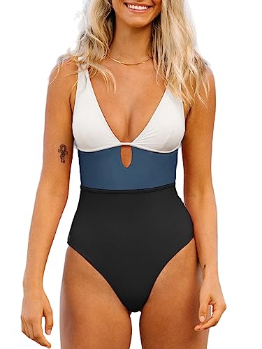 CUPSHE Damen Badeanzug V Ausschnitt Keyhole Colorblock Riemchen Einteilige Bademode Swimsuit Blau S von CUPSHE