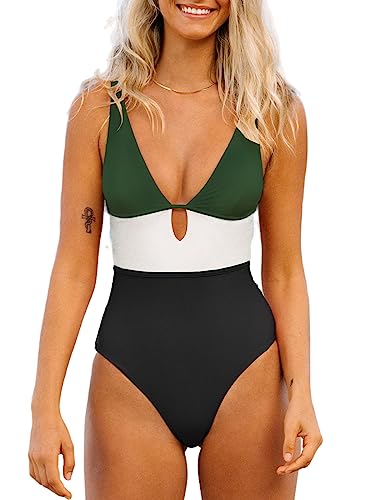 CUPSHE Damen Badeanzug V Ausschnitt Keyhole Colorblock Riemchen Einteilige Bademode Swimsuit Weiß S von CUPSHE