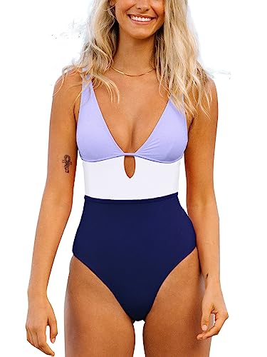 CUPSHE Damen Badeanzug V Ausschnitt Keyhole Farbblock Figurformend Einteilige Bademode Swimsuit Helllila L von CUPSHE