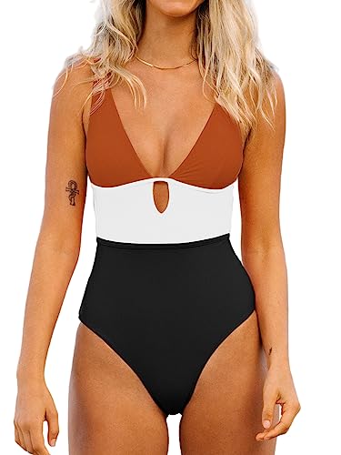 CUPSHE Damen Badeanzug V Ausschnitt Keyhole Farbblock Figurformend Einteilige Bademode Swimsuit Ziegelrot S von CUPSHE