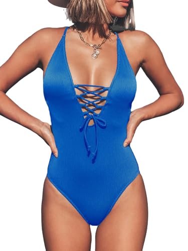 CUPSHE Damen Badeanzug V Ausschnitt Krawatte Tiefer Rückenausschnitt Gerippte Einteilige Bademode Swimsuit Kobaltblau L von CUPSHE