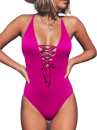 CUPSHE Damen Badeanzug V Ausschnitt Krawatte Tiefer Rückenausschnitt Gerippte Einteilige Bademode Swimsuit Magenta L von CUPSHE