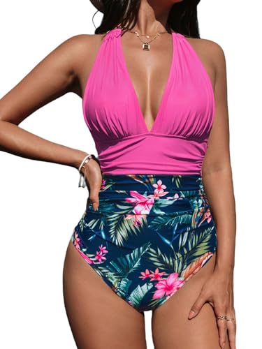 CUPSHE Damen Badeanzug V Ausschnitt Neckholder Bauchkontrolle Raffungen Tropical Print Figurformende Badeanzüge Große Größen Curvy Bademode Swimsuit Magenta/Blumen L von CUPSHE