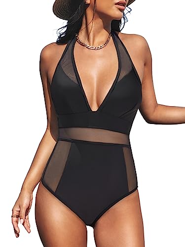 CUPSHE Damen Badeanzug V Ausschnitt Neckholder Sheer Mesh Monokini Einteilige Bademode Swimsuit Schwarz M von CUPSHE