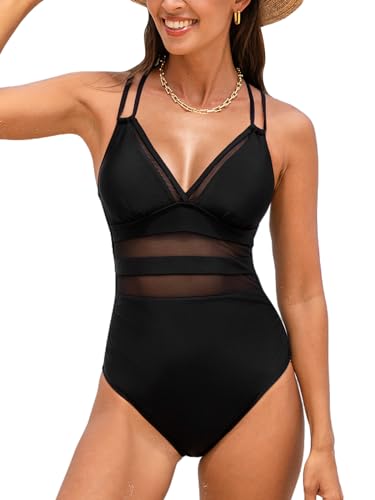 CUPSHE Damen Badeanzug V Ausschnitt Netzstoff Zierausschnitte Doppelträger Strandmode Einteilige Bademode Swimsuit Schwarz L von CUPSHE