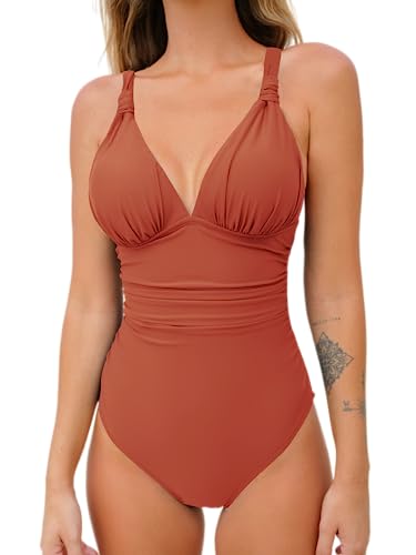 CUPSHE Damen Badeanzug V Ausschnitt Raffungen Bauchweg Crossback Zierausschnitt Einteilige Bademode Swimsuit Karamellfarbe XS von CUPSHE