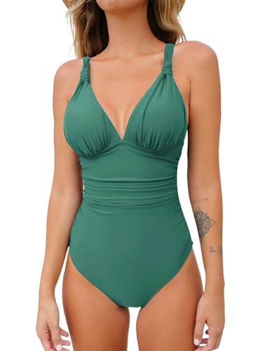 CUPSHE Damen Badeanzug V Ausschnitt Raffungen Bauchweg Crossback Zierausschnitt Einteilige Bademode Swimsuit Teal XS von CUPSHE