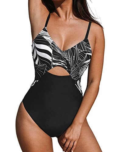 CUPSHE Damen Badeanzug V Ausschnitt Raffungen Zierausschnitten Tropical Print Einteilige Bademode Swimsuit Schwarz M von CUPSHE