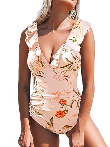 CUPSHE Damen Badeanzug V Ausschnitt Rüschen Bauchweg Raffungen Lace Up Einteilige Bademode Swimsuit Rosa Blumenmuster S von CUPSHE