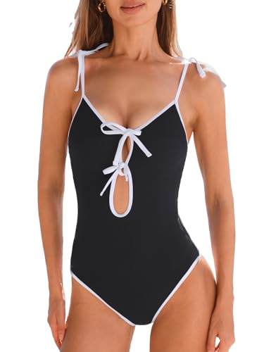 CUPSHE Damen Badeanzug V Ausschnitt Schleifen Cut Out Gerippte Textur Kontrastpaspeln Einteilige Bademode Swimsuit Schwarz/weiß M von CUPSHE