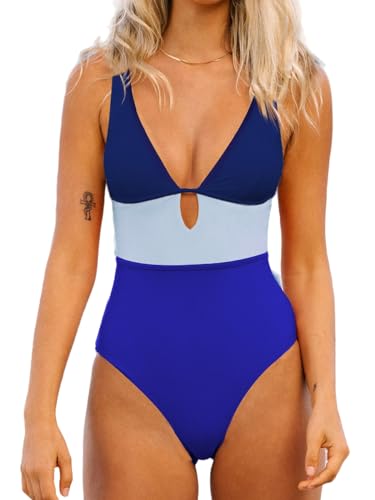 CUPSHE Damen Badeanzug V Ausschnitt Schlüsselloch Colorblock Breite Träger Einteilige Bademode Swimsuit Marineblau S von CUPSHE