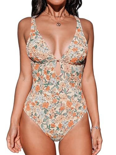 CUPSHE Damen Badeanzug V Ausschnitt Schlüsselloch Cutouts Tiefer rücken Ringdetail Strukturierte Einteilige Bademode Swimsuit Aprikose/Blumen XS von CUPSHE