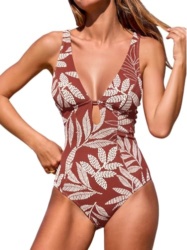 CUPSHE Damen Badeanzug V Ausschnitt Schlüsselloch Cutouts Tiefer rücken Ringdetail Strukturierte Einteilige Bademode Swimsuit Braun/Tropisch M von CUPSHE