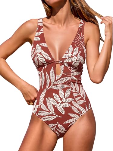 CUPSHE Damen Badeanzug V Ausschnitt Schlüsselloch Cutouts Tiefer rücken Ringdetail Strukturierte Einteilige Bademode Swimsuit Braun/Tropisch XL von CUPSHE