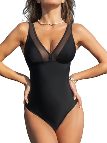CUPSHE Damen Badeanzug V Ausschnitt Sheer Netzstoff Breit Verstellbare Träger Einteilige Bademode Swimsuit Schwarz XL CUPSHE Damen Badeanzug V Ausschnitt Sheer Netzstoff Breit Verstellbare Träger Einteilige Bademode Swimsuit Schwarz XL von CUPSHE