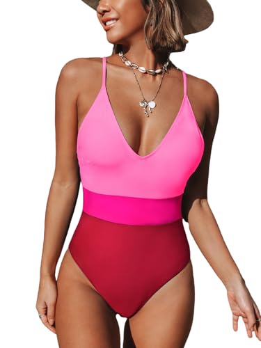 CUPSHE Damen Badeanzug V Ausschnitt Tiefer Rückenausschnitt Crossback Farbblock Einteilige Bademode Swimsuit Blau L von CUPSHE