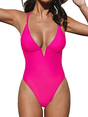 CUPSHE Damen Badeanzug V Ausschnitt Tiefer Rückenausschnitt Crossback Figurformend Einteilige Bademode Swimsuit Knallpink (Hot Pink) XL von CUPSHE