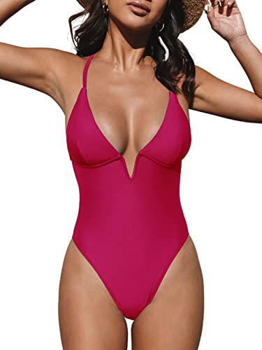 CUPSHE Damen Badeanzug V Ausschnitt Tiefer Rückenausschnitt Crossback Figurformend Einteilige Bademode Swimsuit Rosenrot XL von CUPSHE