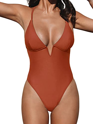 CUPSHE Damen Badeanzug V Ausschnitt Tiefer Rückenausschnitt Crossback Figurformend Einteilige Bademode Swimsuit Rot S von CUPSHE