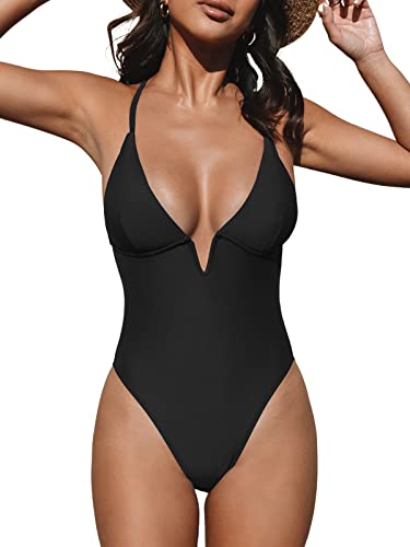 CUPSHE Damen Badeanzug V Ausschnitt Tiefer Rückenausschnitt Crossback Figurformend Einteilige Bademode Swimsuit Schwarz L von CUPSHE