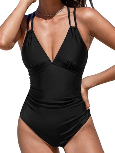 CUPSHE Damen Badeanzug V Ausschnitt Triangel Bauchkontrolle Monokini O-Ring Rückenausschnitt Einteilige Bademode Swimsuit Schwarz L von CUPSHE