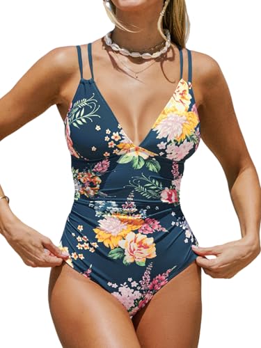 CUPSHE Damen Badeanzug V Ausschnitt Triangel Raffung Bauchkontrolle O-Ring Rückenausschnitt Einteilige Bademode Swimsuit Tealblau/Floral L von CUPSHE