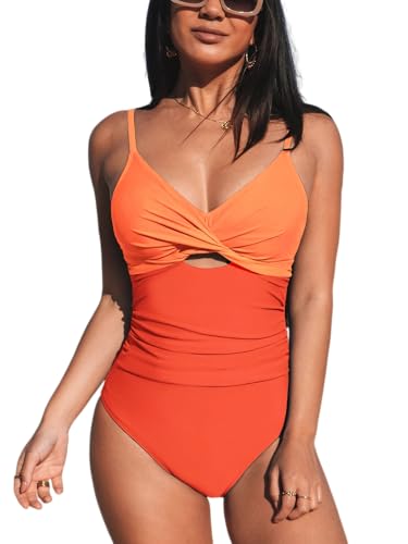 CUPSHE Damen Badeanzug V Ausschnitt Twist Front Bauchweg Raffungen Zierausschnitten Colorblock Einteilige Bademode Swimsuit Orangefarbener Farbblock S CUPSHE Damen Badeanzug V Ausschnitt Twist Front Bauchweg Raffungen Zierausschnitten Colorblock Einteilige Bademode Swimsuit Orangefarbener Farbblock S von CUPSHE